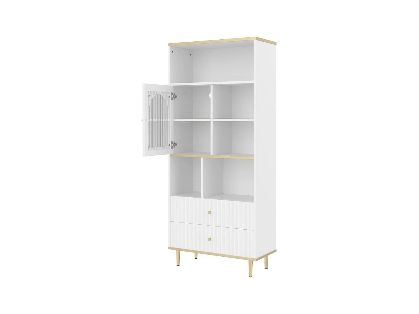 Bibliotheque multifonctionnelle rangement multicouche porte vitree deux tiroirs silencieux bande lumineuse couleur telecommandee pieds metal blanc