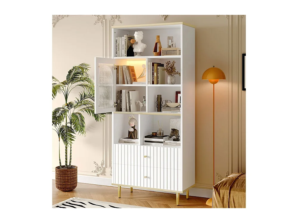 Bibliotheque multifonctionnelle rangement multicouche porte vitree deux tiroirs silencieux bande lumineuse couleur telecommandee pieds metal blanc