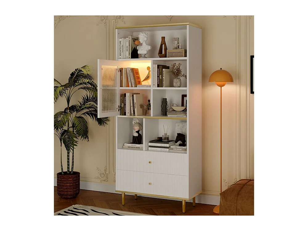 Bibliotheque multifonctionnelle rangement multicouche porte vitree deux tiroirs silencieux bande lumineuse couleur telecommandee pieds metal blanc