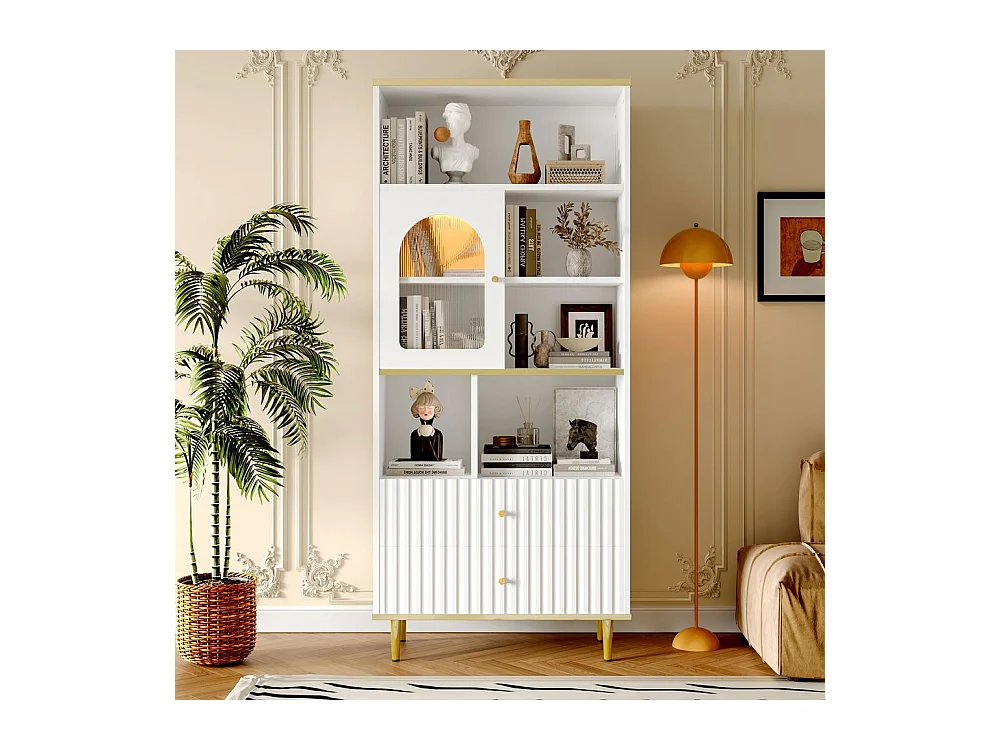 Bibliotheque multifonctionnelle rangement multicouche porte vitree deux tiroirs silencieux bande lumineuse couleur telecommandee pieds metal blanc