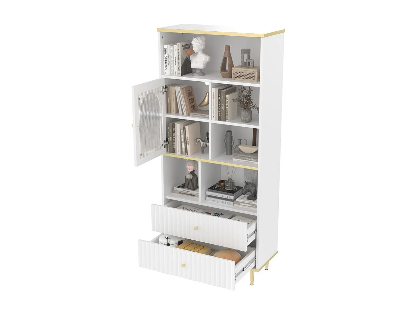 Bibliotheque multifonctionnelle rangement multicouche porte vitree deux tiroirs silencieux bande lumineuse couleur telecommandee pieds metal blanc