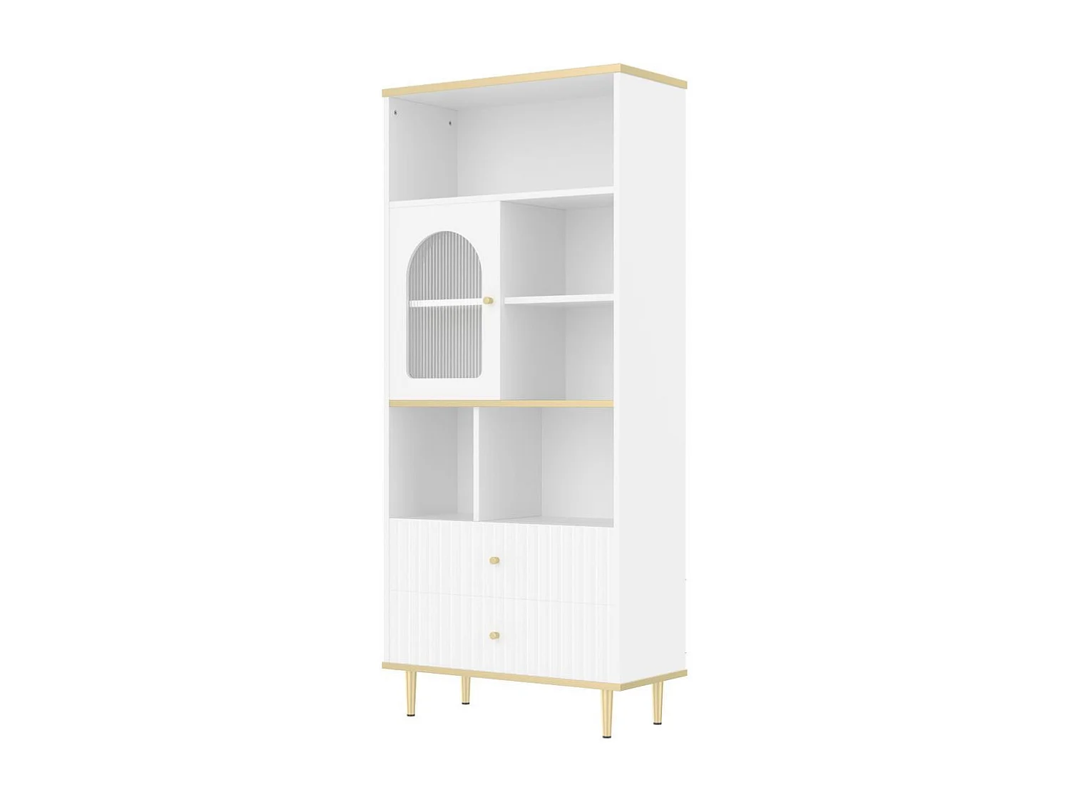 Bibliotheque multifonctionnelle rangement multicouche porte vitree deux tiroirs silencieux bande lumineuse couleur telecommandee pieds metal blanc