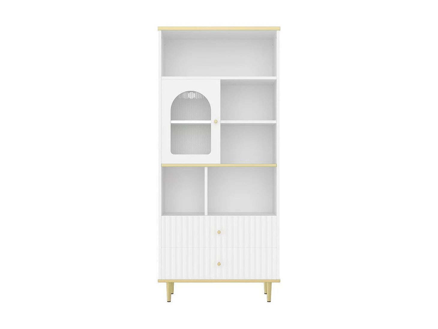 Bibliotheque multifonctionnelle rangement multicouche porte vitree deux tiroirs silencieux bande lumineuse couleur telecommandee pieds metal blanc