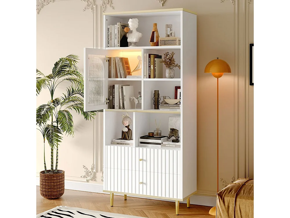 Bibliotheque multifonctionnelle rangement multicouche porte vitree deux tiroirs silencieux bande lumineuse couleur telecommandee pieds metal blanc