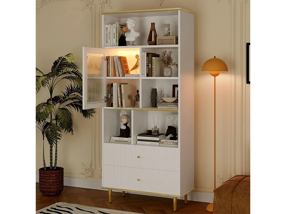 Bibliotheque multifonctionnelle rangement multicouche porte vitree deux tiroirs silencieux bande lumineuse couleur telecommandee pieds metal blanc