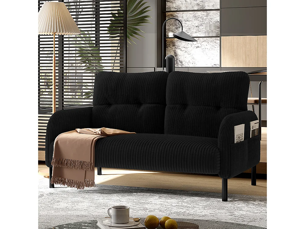 Canapé deux places velours côtelé rembourrage confortable dossier haut poches latérales pieds métal bureau maison noir
