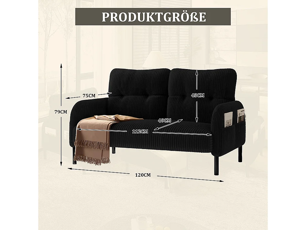 Canapé deux places velours côtelé rembourrage confortable dossier haut poches latérales pieds métal bureau maison noir