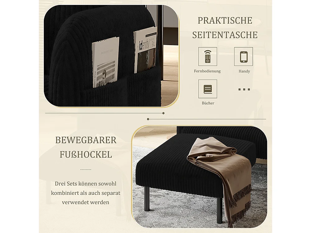 Canapé deux places velours côtelé rembourrage confortable dossier haut poches latérales pieds métal bureau maison noir