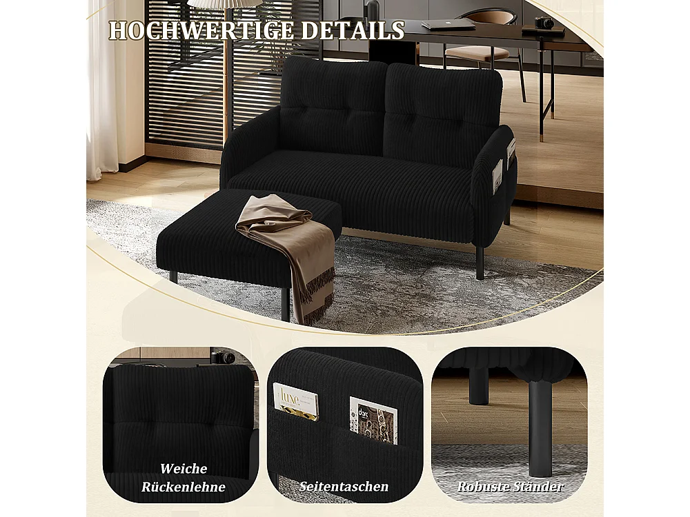 Canapé deux places velours côtelé rembourrage confortable dossier haut poches latérales pieds métal bureau maison noir