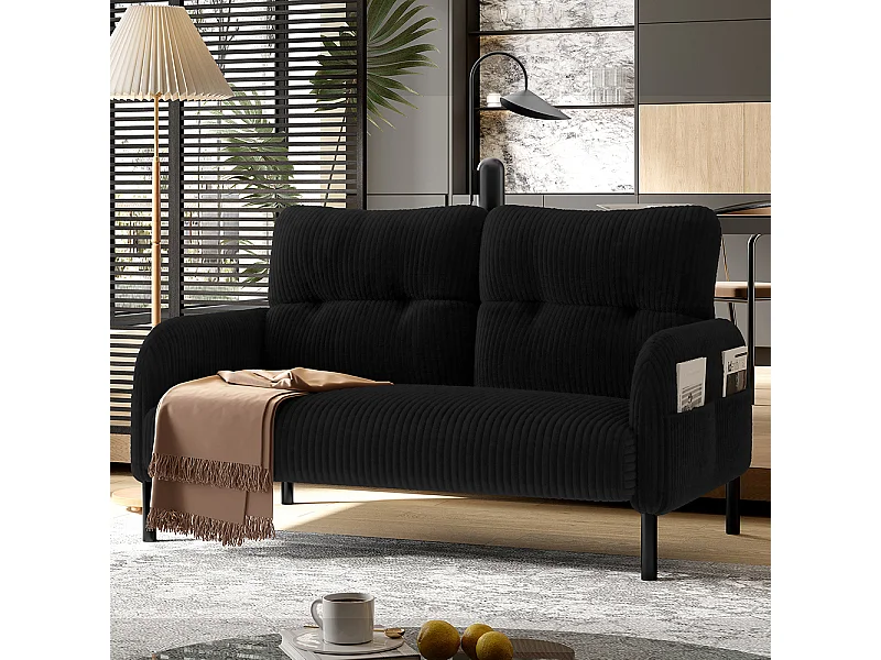 Canapé deux places velours côtelé rembourrage confortable dossier haut poches latérales pieds métal bureau maison noir