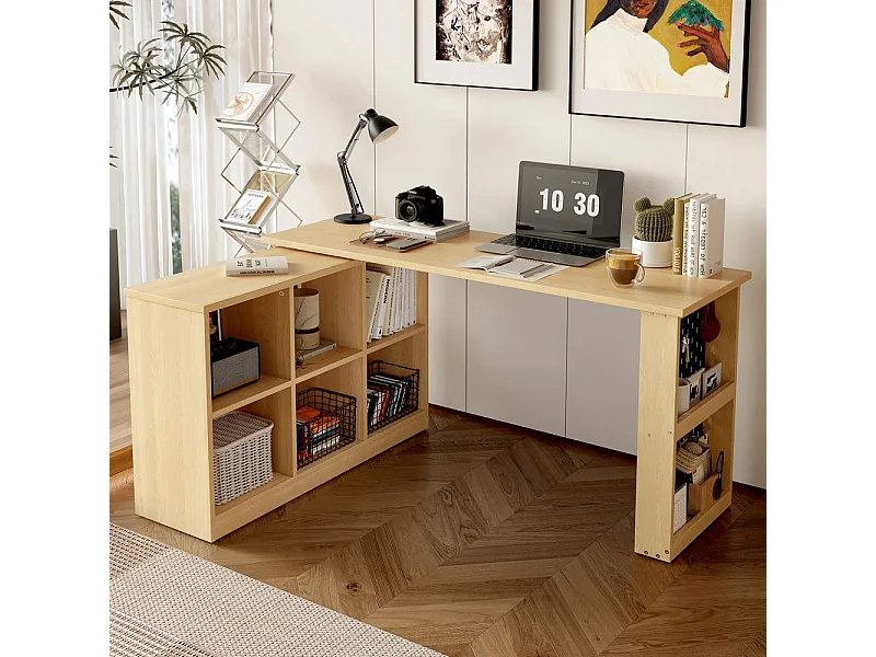 Bureau multifonctionnel armoire six casiers etagere plateau large epais plateau perfore resistant forme modulable naturel