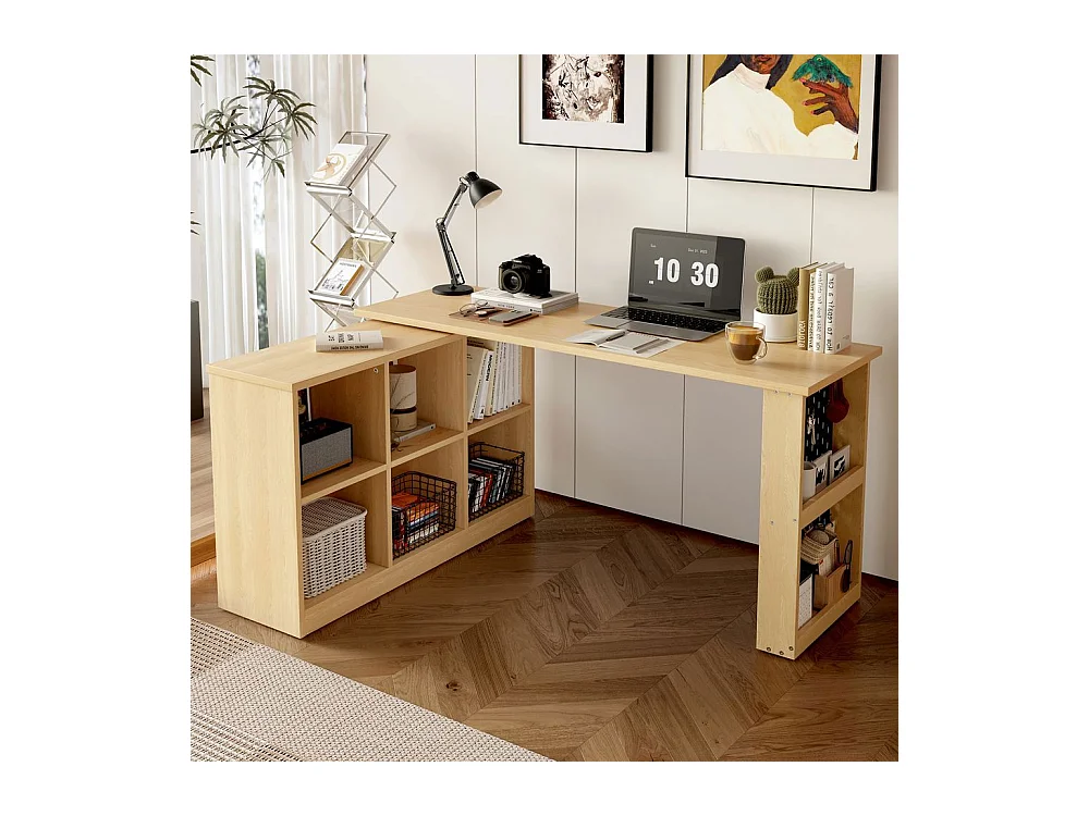 Bureau multifonctionnel armoire six casiers etagere plateau large epais plateau perfore resistant forme modulable naturel