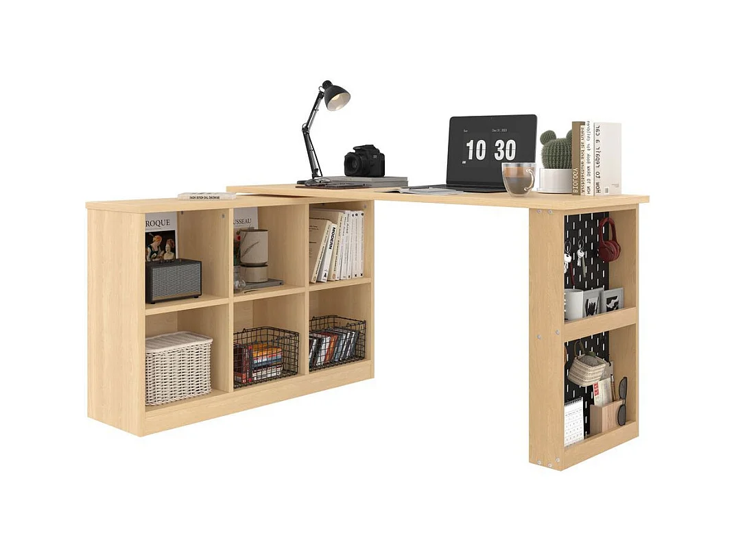 Bureau multifonctionnel armoire six casiers etagere plateau large epais plateau perfore resistant forme modulable naturel