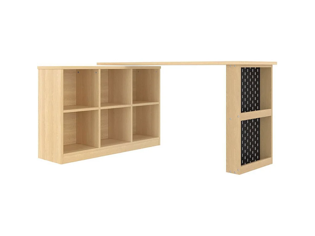 Bureau multifonctionnel armoire six casiers etagere plateau large epais plateau perfore resistant forme modulable naturel