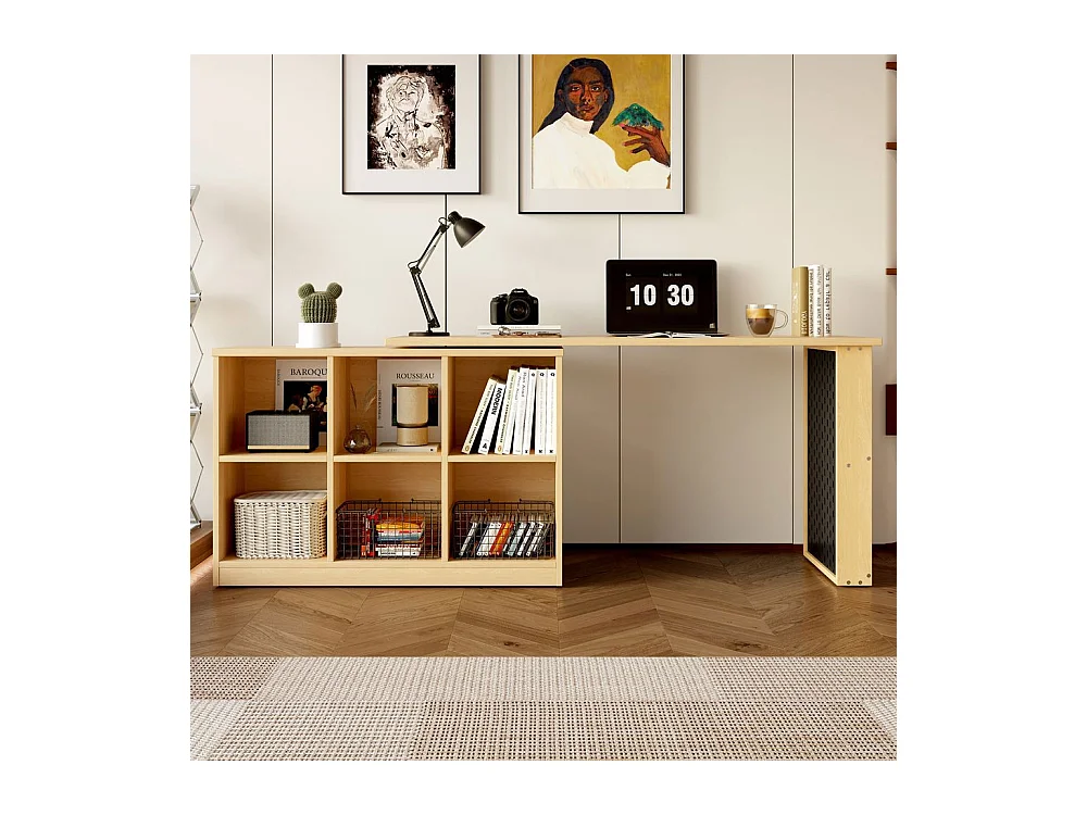 Bureau multifonctionnel armoire six casiers etagere plateau large epais plateau perfore resistant forme modulable naturel