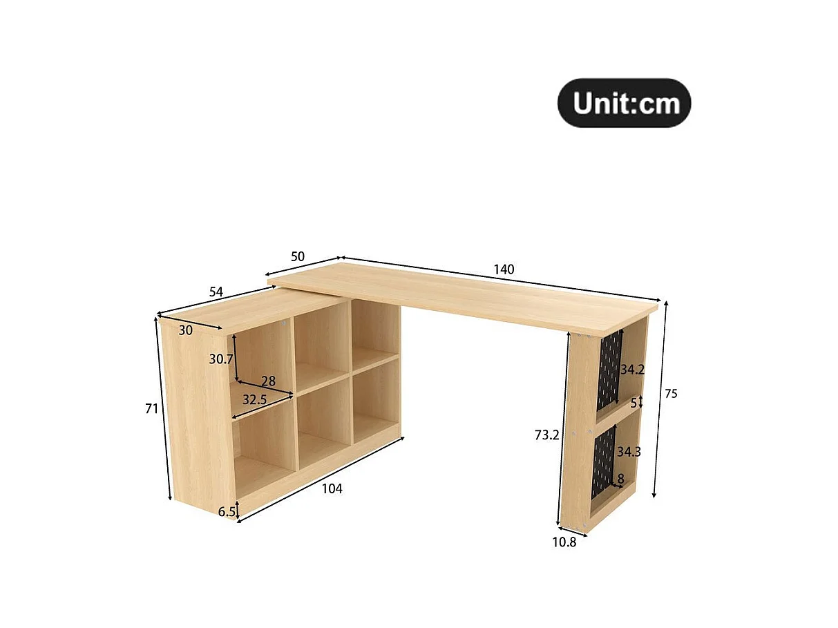 Bureau multifonctionnel armoire six casiers etagere plateau large epais plateau perfore resistant forme modulable naturel