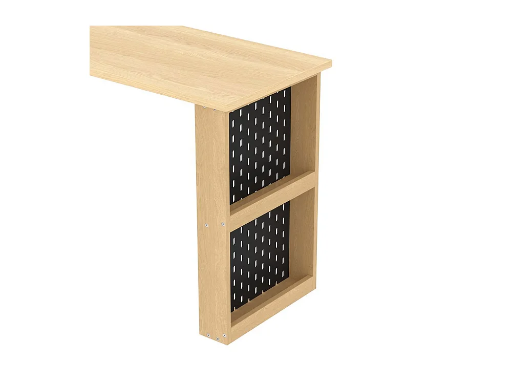 Bureau multifonctionnel armoire six casiers etagere plateau large epais plateau perfore resistant forme modulable naturel