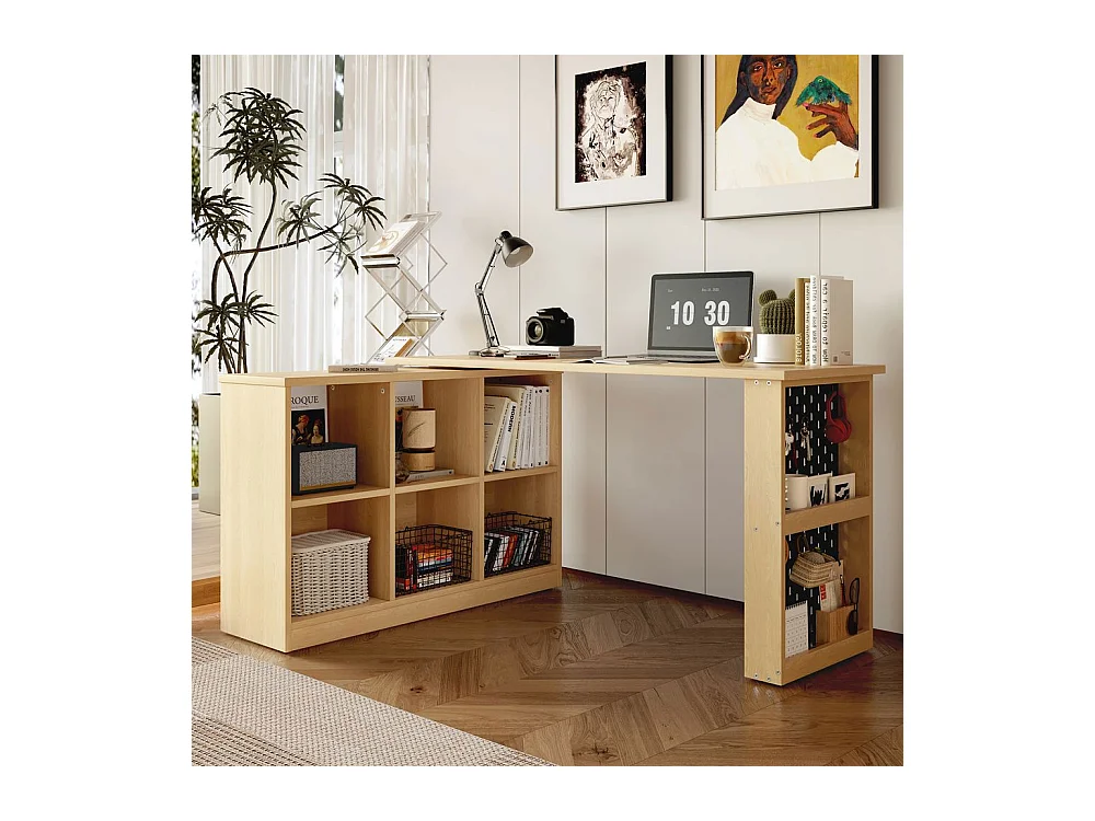 Bureau multifonctionnel armoire six casiers etagere plateau large epais plateau perfore resistant forme modulable naturel