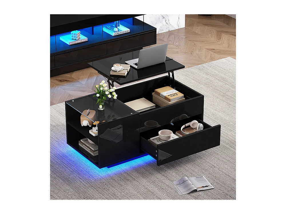 Table basse réglable 95x48x42 cm noir rangement caché LED tiroir prise électrique