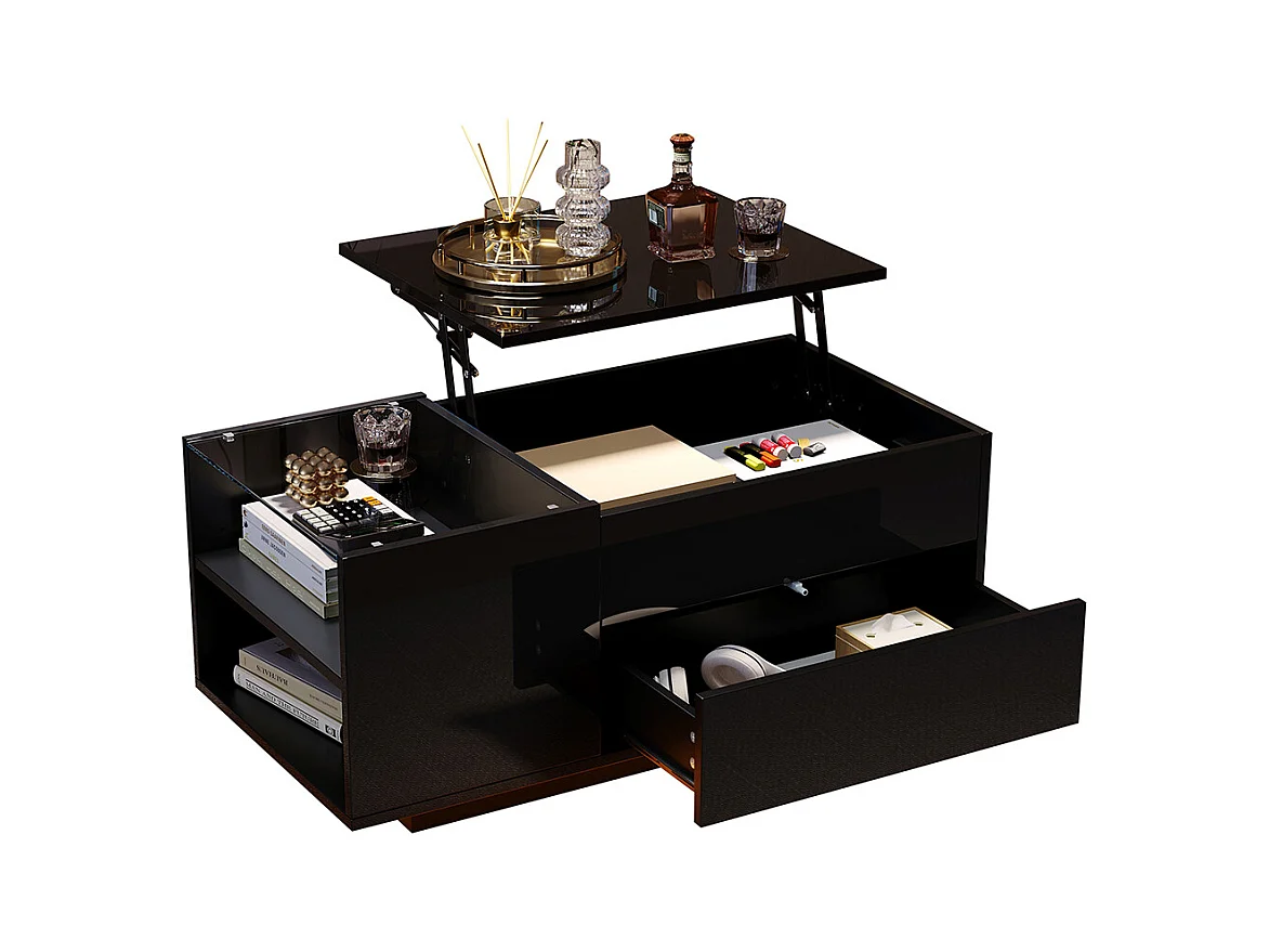 Table basse réglable 95x48x42 cm noir rangement caché LED tiroir prise électrique