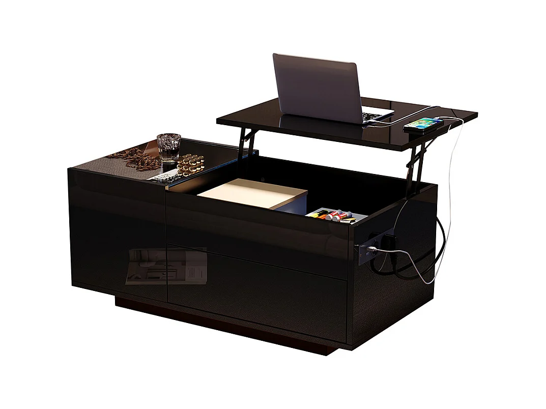 Table basse réglable 95x48x42 cm noir rangement caché LED tiroir prise électrique