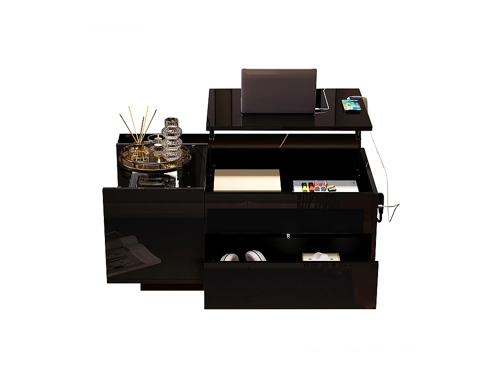 Table basse réglable 95x48x42 cm noir rangement caché LED tiroir prise électrique