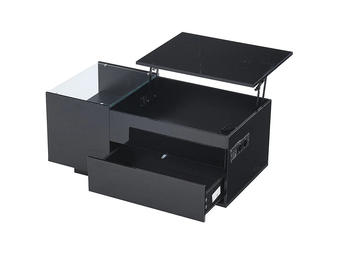 Table basse réglable 95x48x42 cm noir rangement caché LED tiroir prise électrique