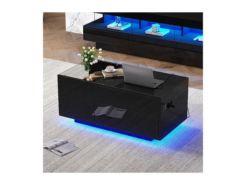 Table basse réglable 95x48x42 cm noir rangement caché LED tiroir prise électrique