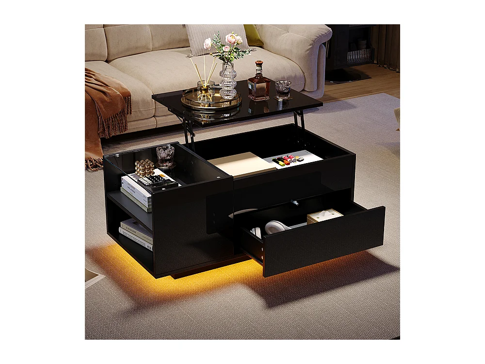 Table basse réglable 95x48x42 cm noir rangement caché LED tiroir prise électrique