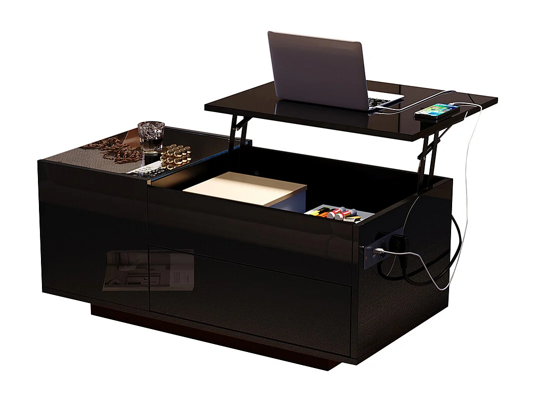 Verstelbare salontafel 95x48x42 cm zwart verborgen opbergruimte LED-lade stopcontact
