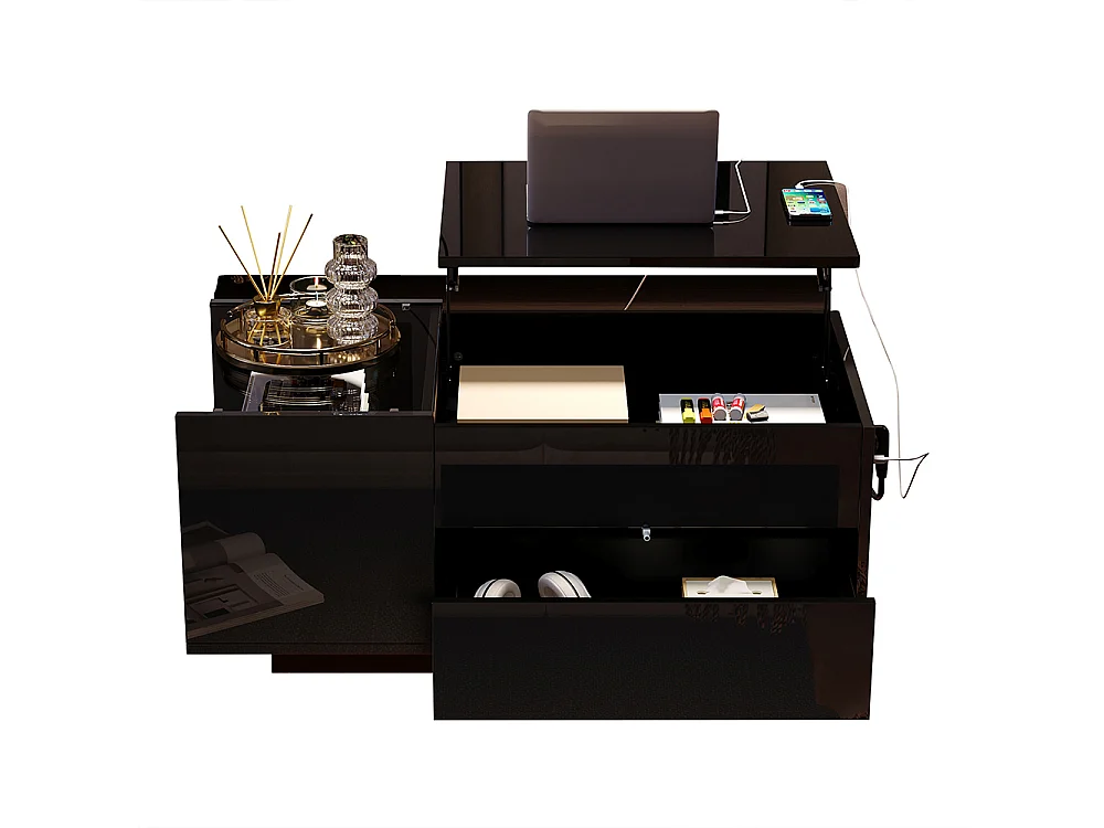 Verstelbare salontafel 95x48x42 cm zwart verborgen opbergruimte LED-lade stopcontact