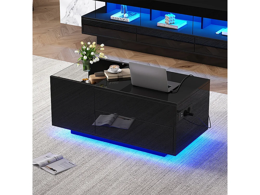 Verstelbare salontafel 95x48x42 cm zwart verborgen opbergruimte LED-lade stopcontact