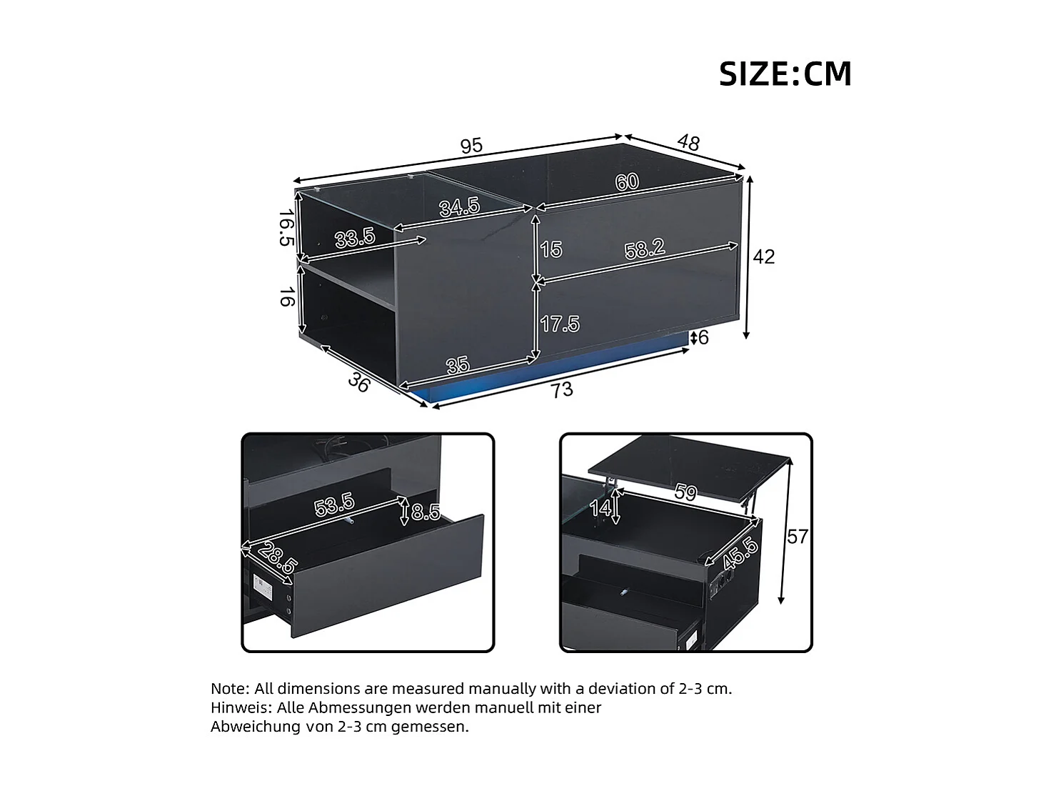 Verstelbare salontafel 95x48x42 cm zwart verborgen opbergruimte LED-lade stopcontact