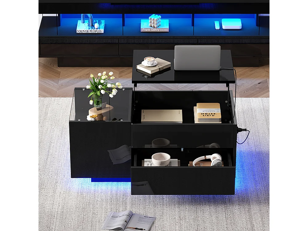 Verstelbare salontafel 95x48x42 cm zwart verborgen opbergruimte LED-lade stopcontact