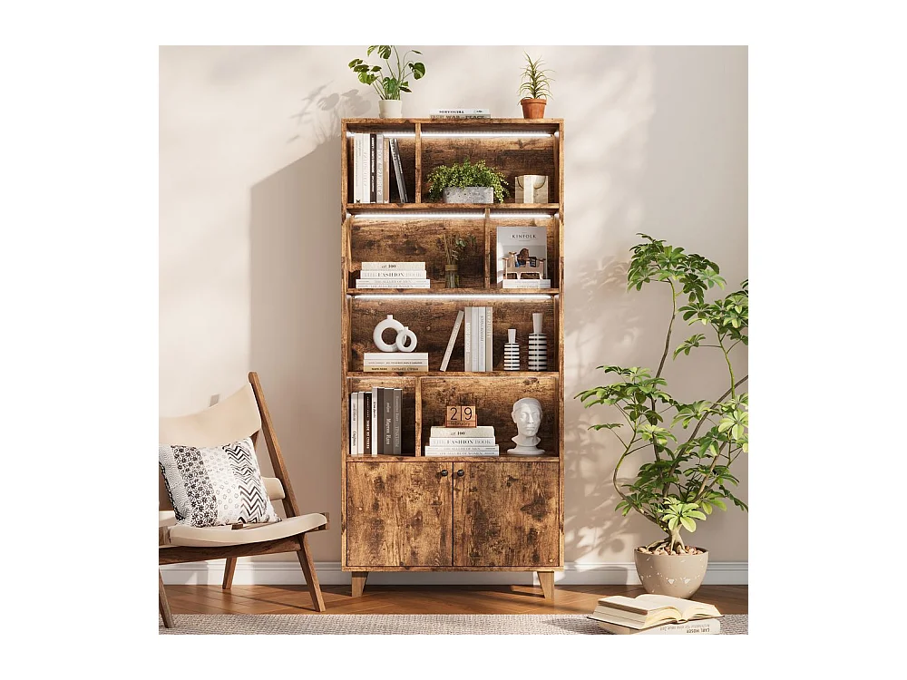 Bibliotheque pieds bois massif nombreux casiers double porte eclairage LED couleur variable telecommande forme simple marron