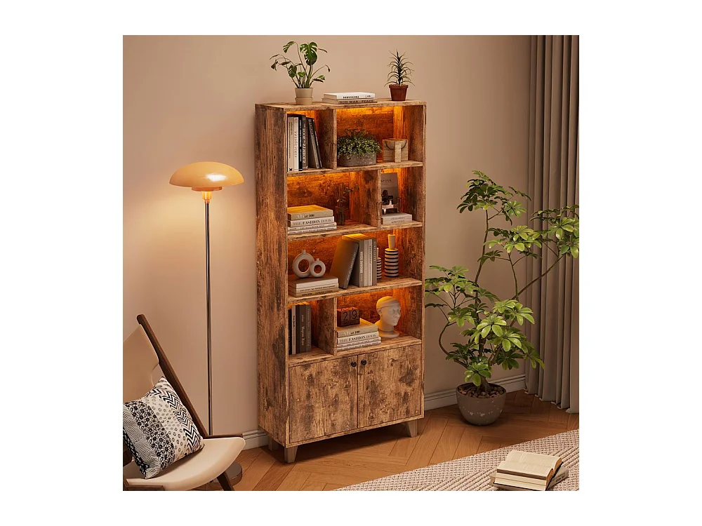 Bibliotheque pieds bois massif nombreux casiers double porte eclairage LED couleur variable telecommande forme simple marron