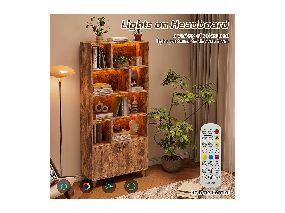 Bibliotheque pieds bois massif nombreux casiers double porte eclairage LED couleur variable telecommande forme simple marron