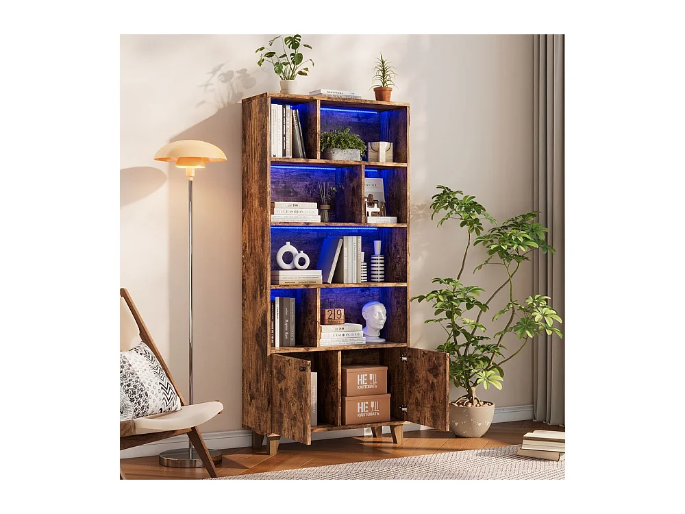 Bibliotheque pieds bois massif nombreux casiers double porte eclairage LED couleur variable telecommande forme simple marron