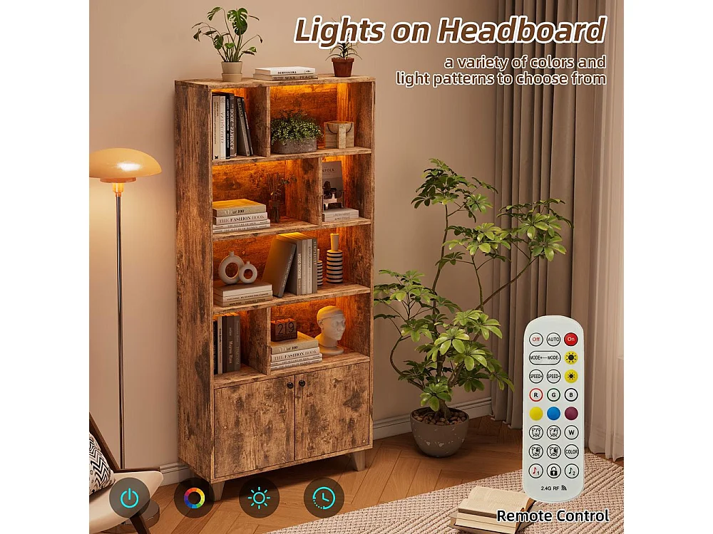 Bibliotheque pieds bois massif nombreux casiers double porte eclairage LED couleur variable telecommande forme simple marron