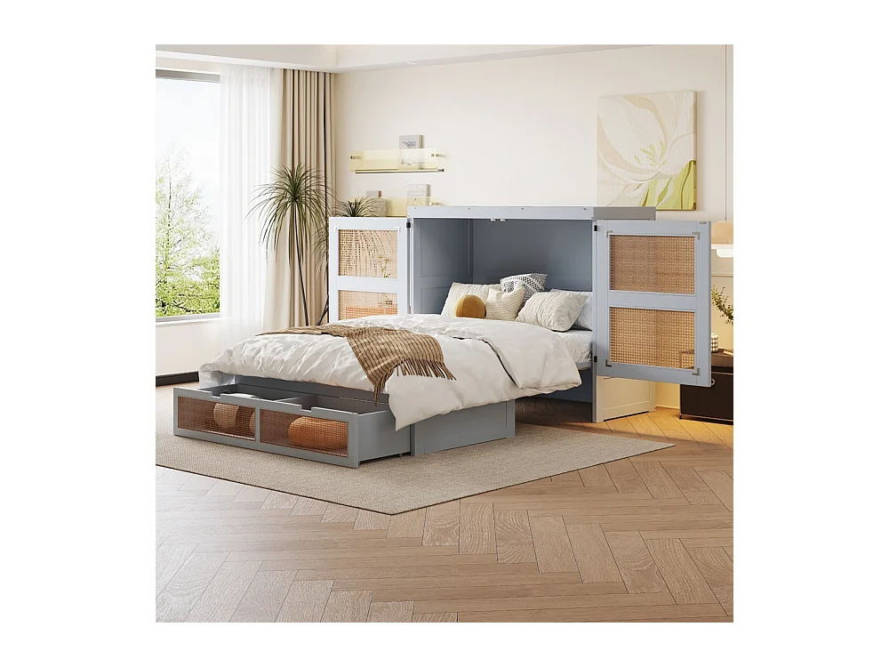 Lit escamotable 140x200 lit mural lit rabattable mural avec tiroirs de rangement design rotin gris