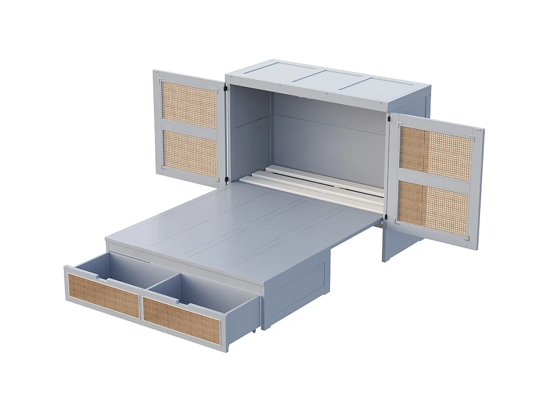 Lit escamotable 140x200 lit mural lit rabattable mural avec tiroirs de rangement design rotin gris