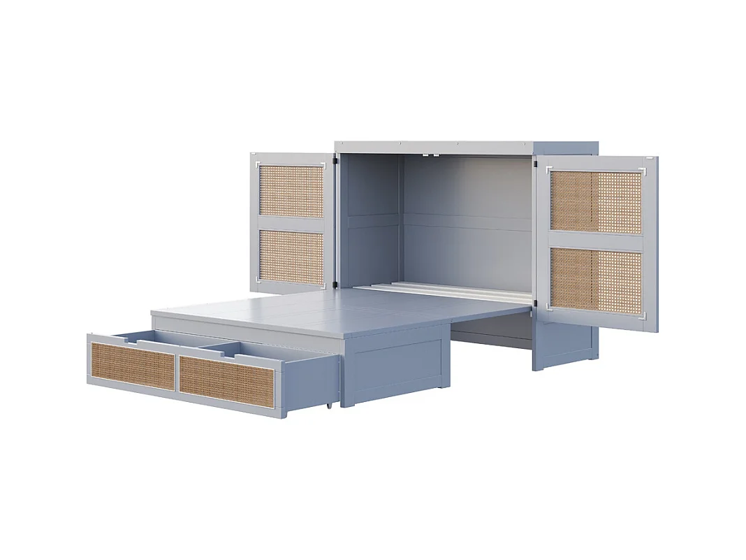 Lit escamotable 140x200 lit mural lit rabattable mural avec tiroirs de rangement design rotin gris