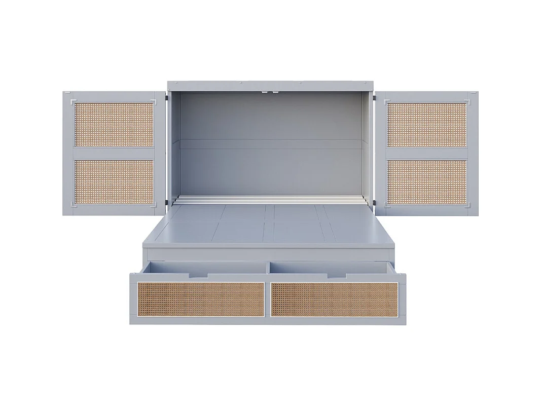 Lit escamotable 140x200 lit mural lit rabattable mural avec tiroirs de rangement design rotin gris