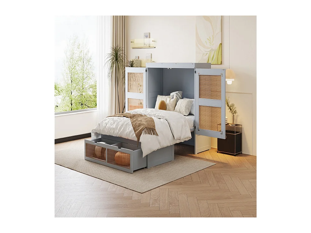 Lit escamotable 140x200 lit mural lit rabattable mural avec tiroirs de rangement design rotin gris