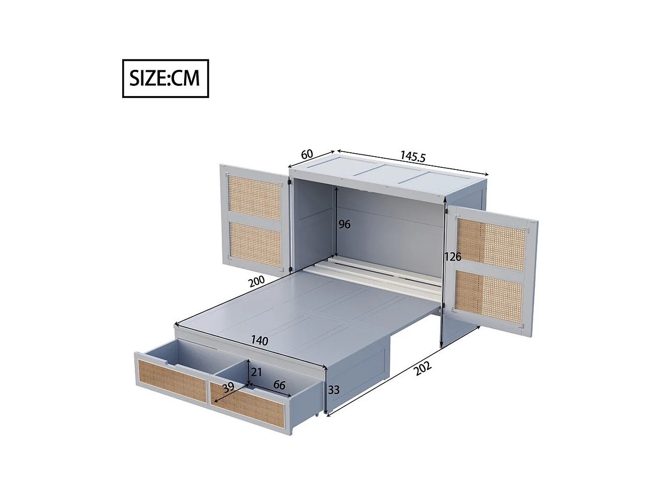 Lit escamotable 140x200 lit mural lit rabattable mural avec tiroirs de rangement design rotin gris