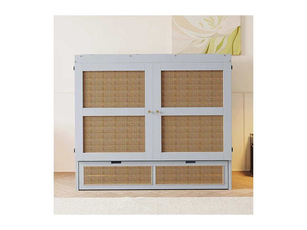 Lit escamotable 140x200 lit mural lit rabattable mural avec tiroirs de rangement design rotin gris