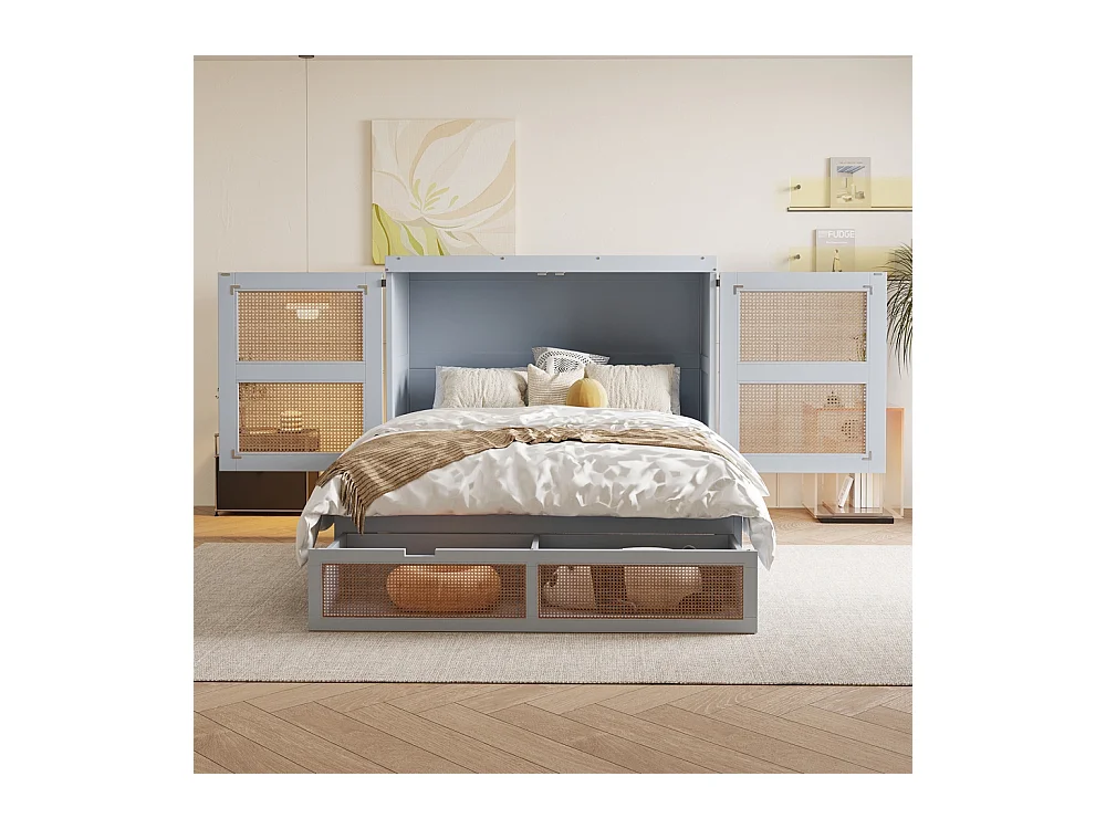 Lit escamotable 140x200 lit mural lit rabattable mural avec tiroirs de rangement design rotin gris