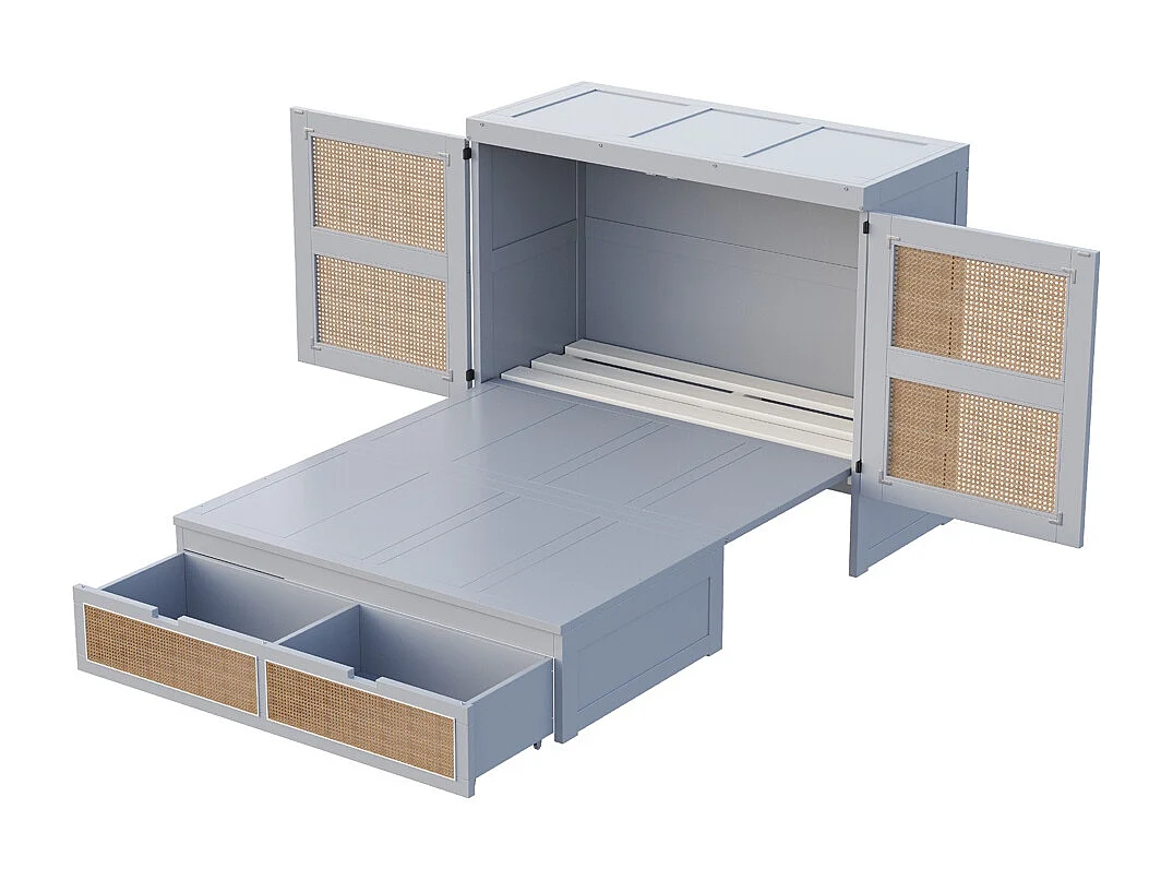 Lit escamotable 140x200 lit mural lit rabattable mural avec tiroirs de rangement design rotin gris