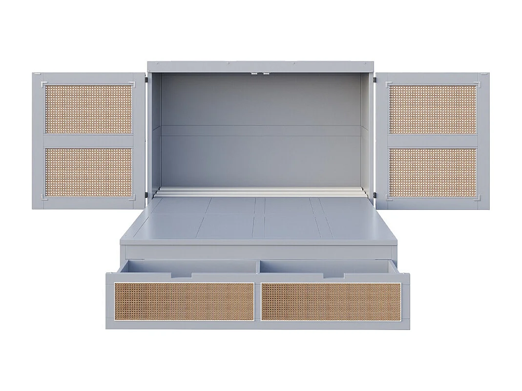 Lit escamotable 140x200 lit mural lit rabattable mural avec tiroirs de rangement design rotin gris