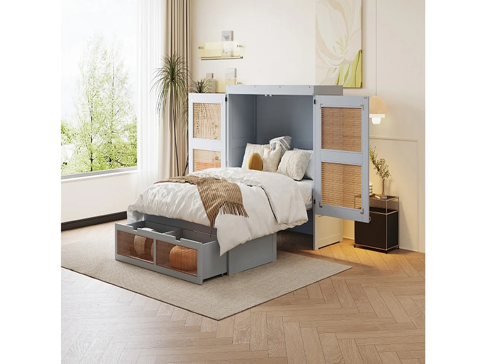 Lit escamotable 140x200 lit mural lit rabattable mural avec tiroirs de rangement design rotin gris